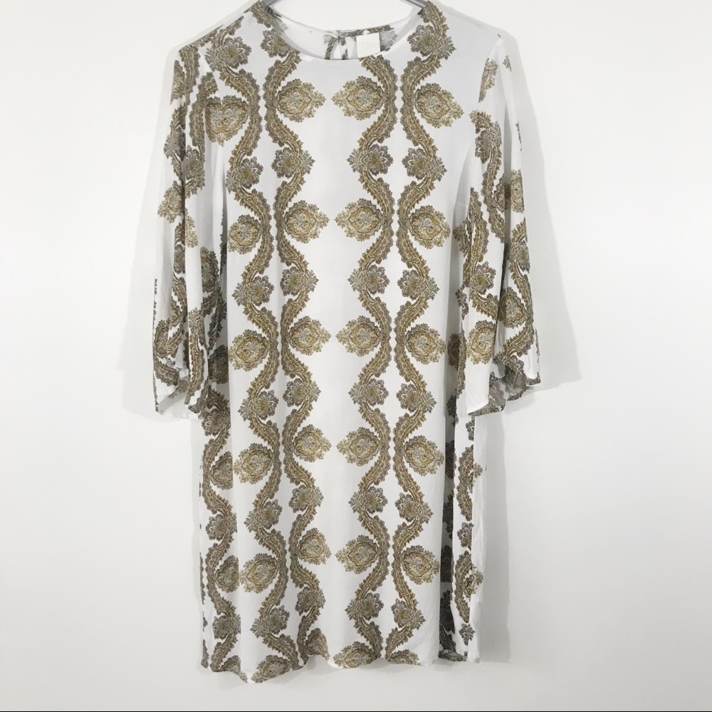 H&M 3/4 Sleeve Shift Dress, Cream/Gold, Size 4